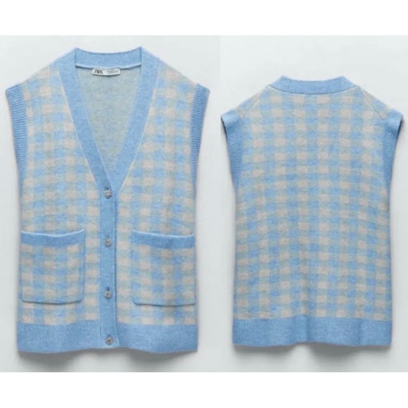 ZARA BLOGGER’S Favourite PLAID CHECK KNIT VEST With RHINESTONE BUTTONS S - Picture 7 of 16